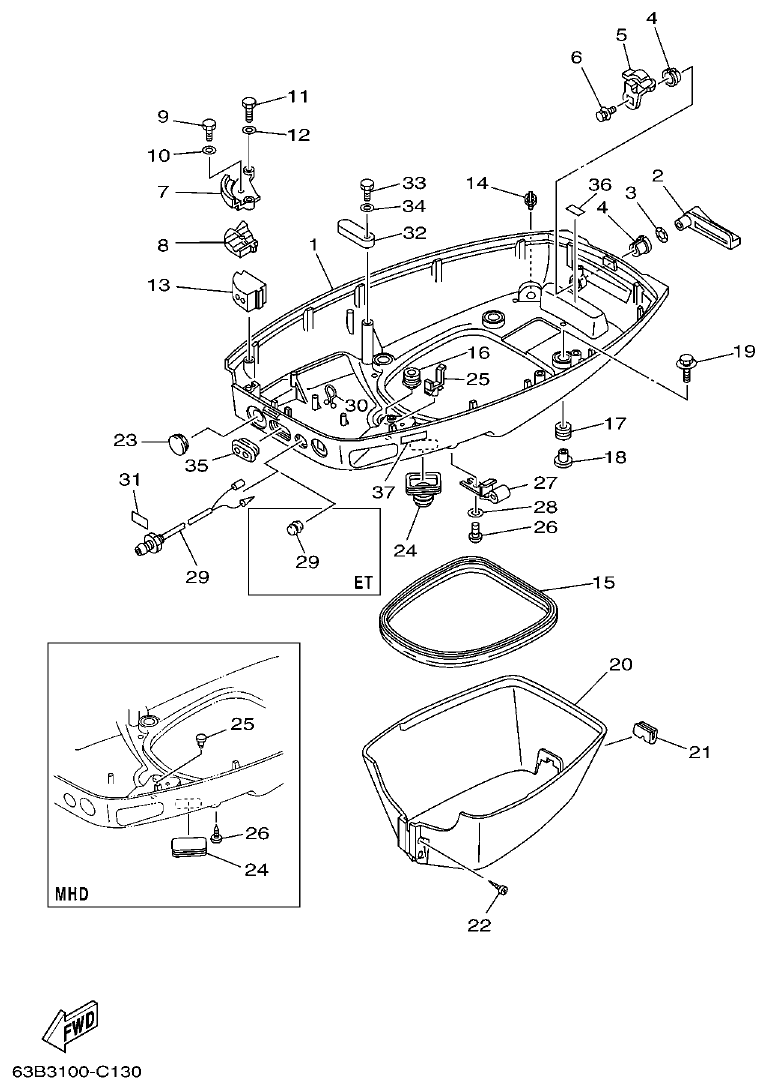 Yamaha 40VMHD, 50HMHD, 50HET BOTTOM COWLING parts diagram