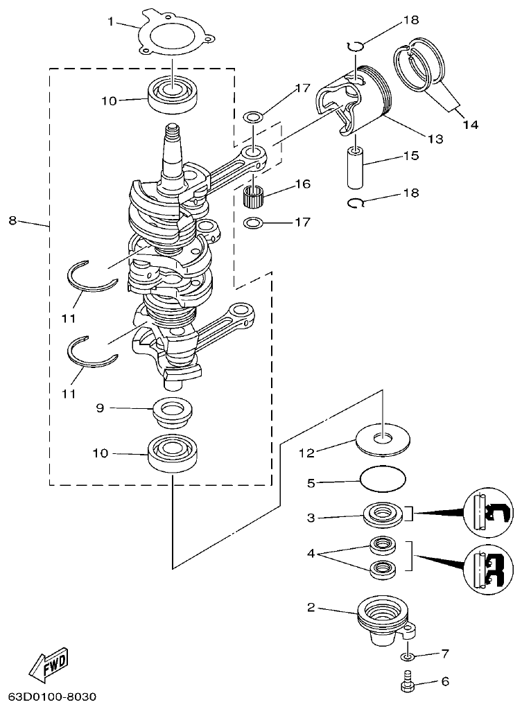 Yamaha 40VMHD, 50HMHD, 50HET CRANKSHAFT & PISTON parts diagram
