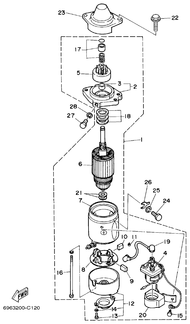 Yamaha E48C, E55C, 55B, E48CMH, E55CMH STARTING MOTOR parts diagram