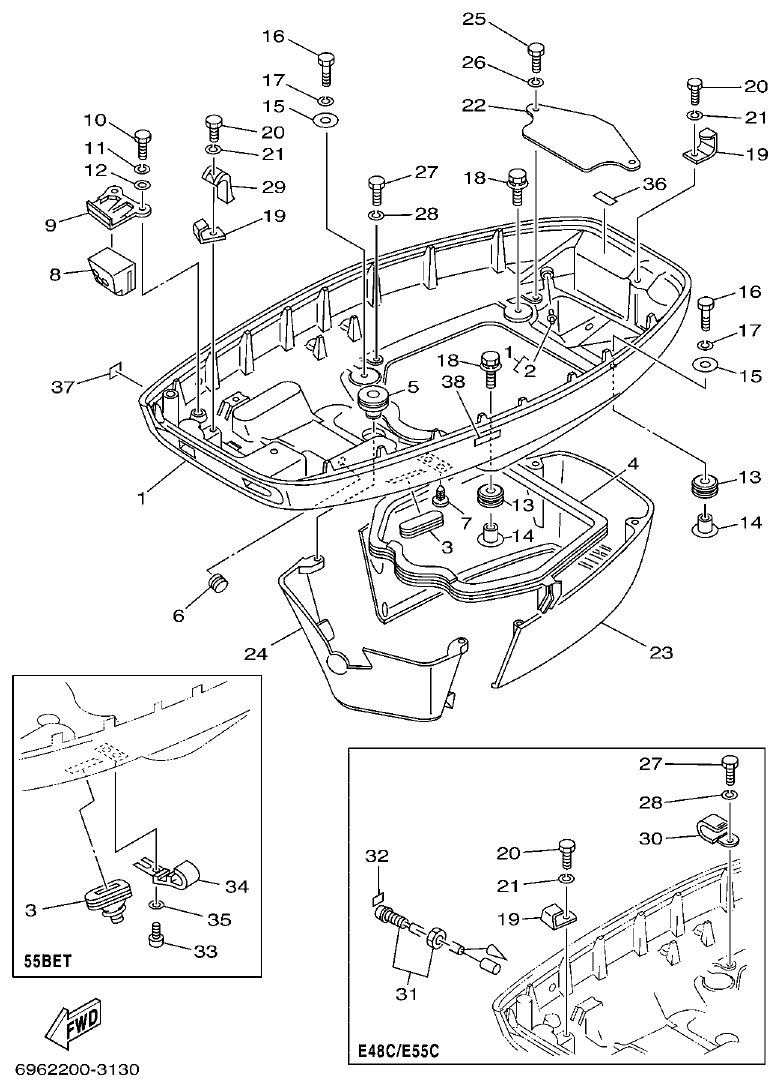 Yamaha E48C, E55C, 55B, E48CMH, E55CMH BOTTOM COWLING parts diagram