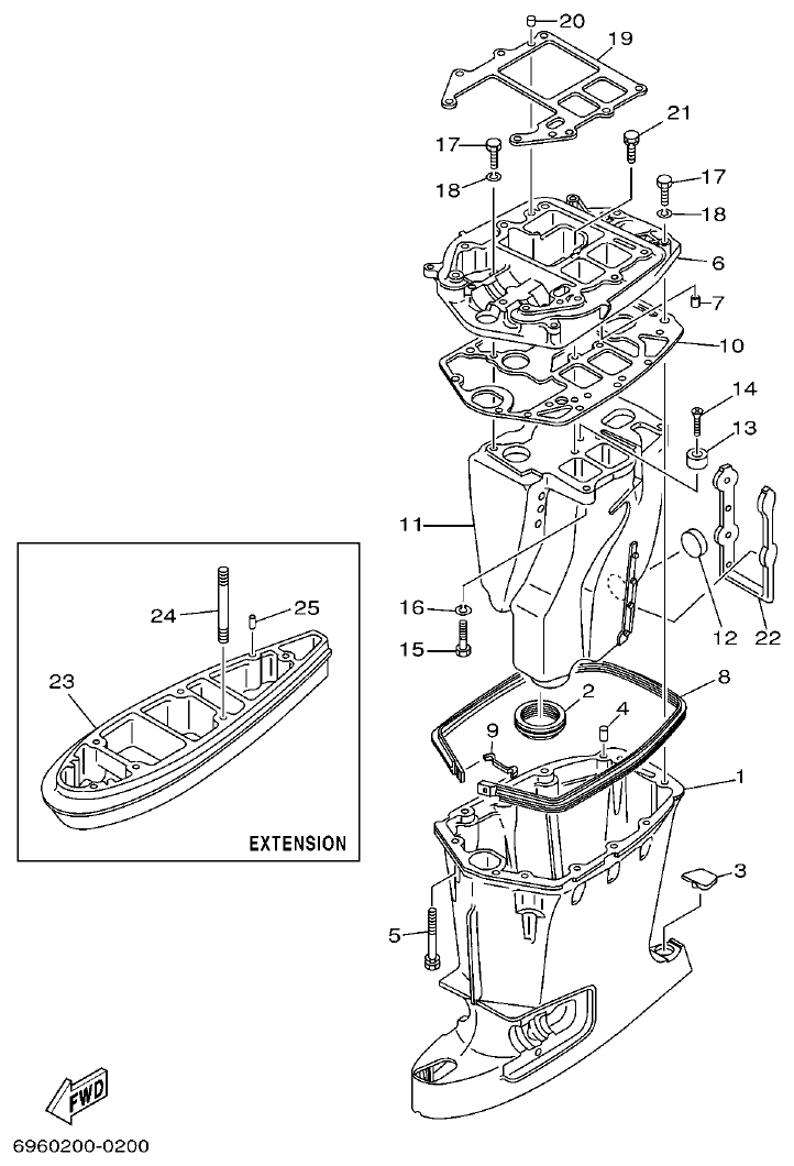 Yamaha E48C, E55C, 55B, E48CMH, E55CMH UPPER CASING parts diagram
