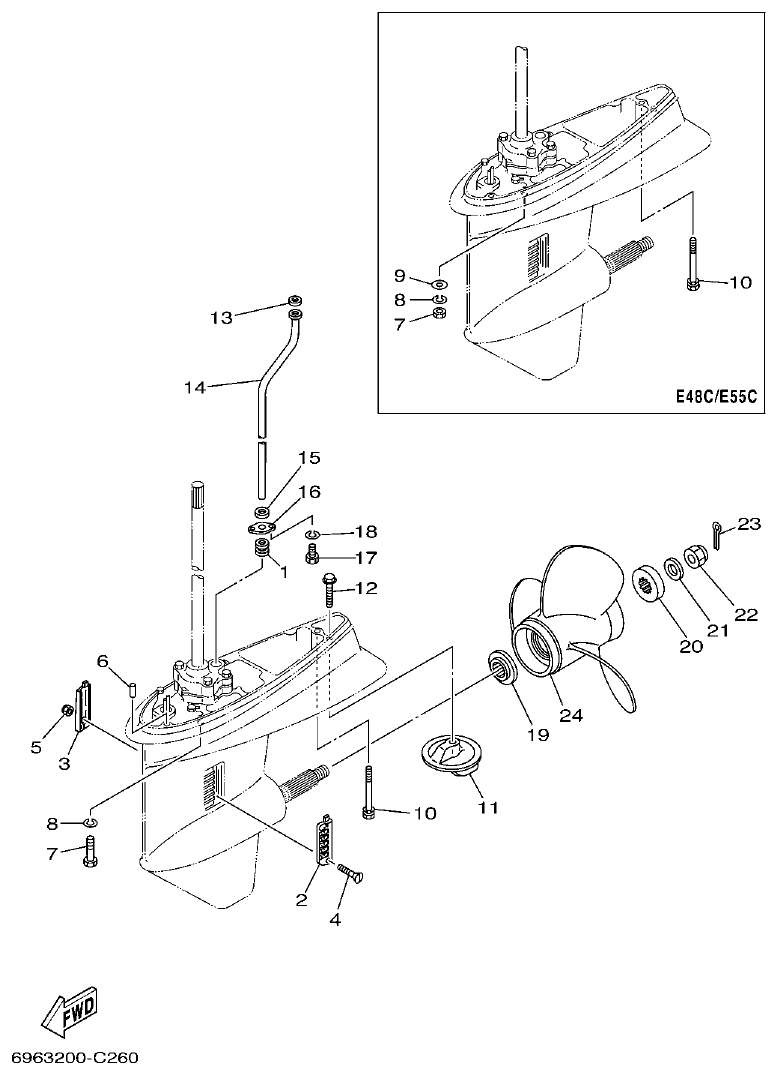 Yamaha E48C, E55C, 55B, E48CMH, E55CMH LOWER CASING & DRIVE 3 parts diagram