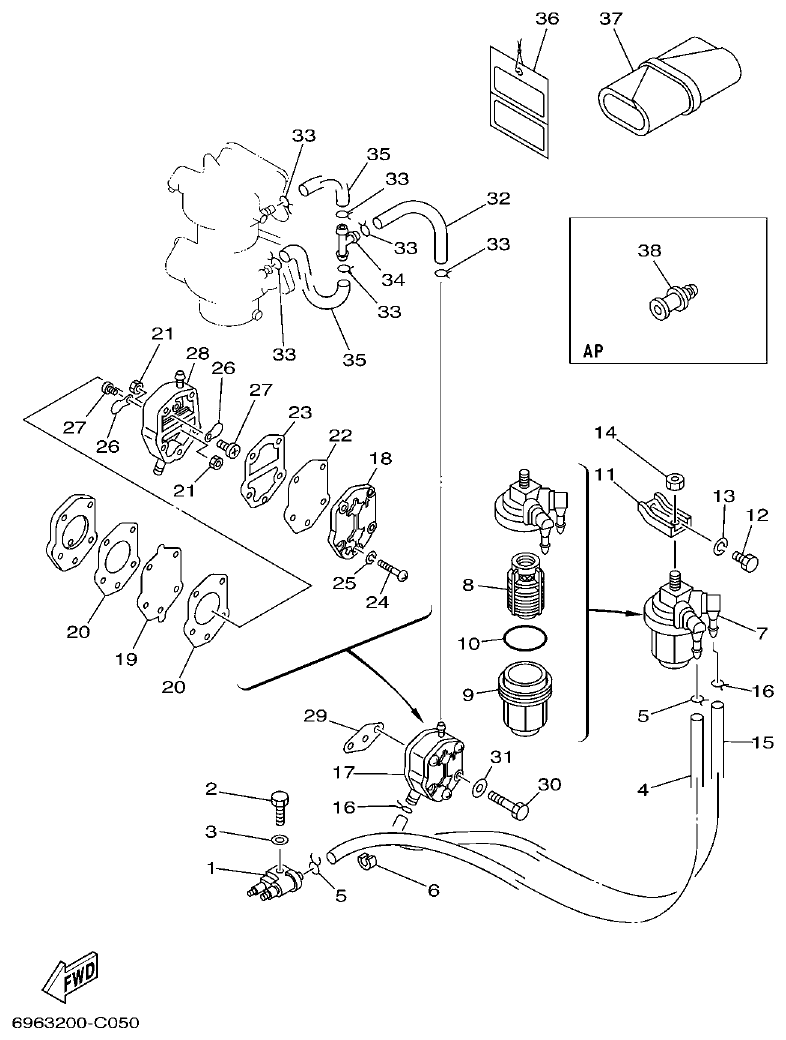 Yamaha E48C, E55C, 55B, E48CMH, E55CMH FUEL parts diagram