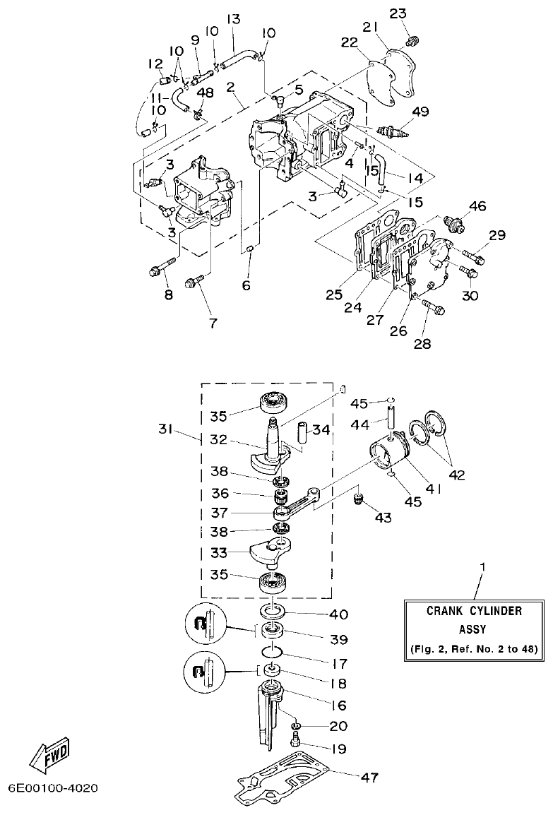 Yamaha 4AC, 4BC CYLINDER. CRANKCASE parts diagram