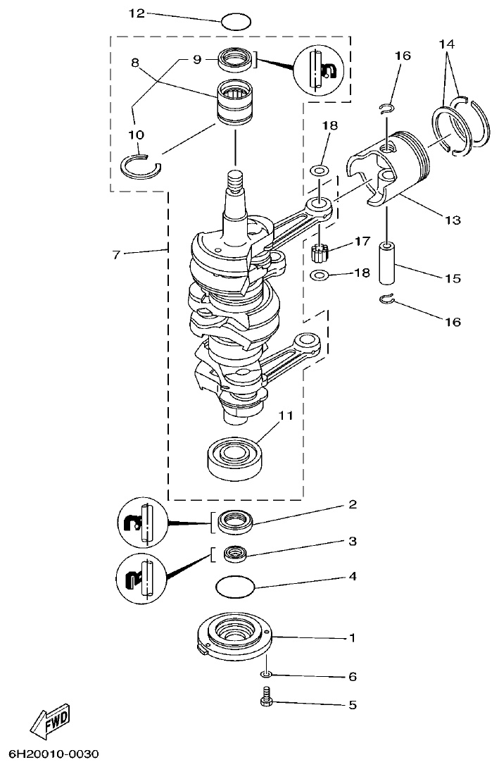Yamaha 60F CRANKSHAFT. PISTON parts diagram