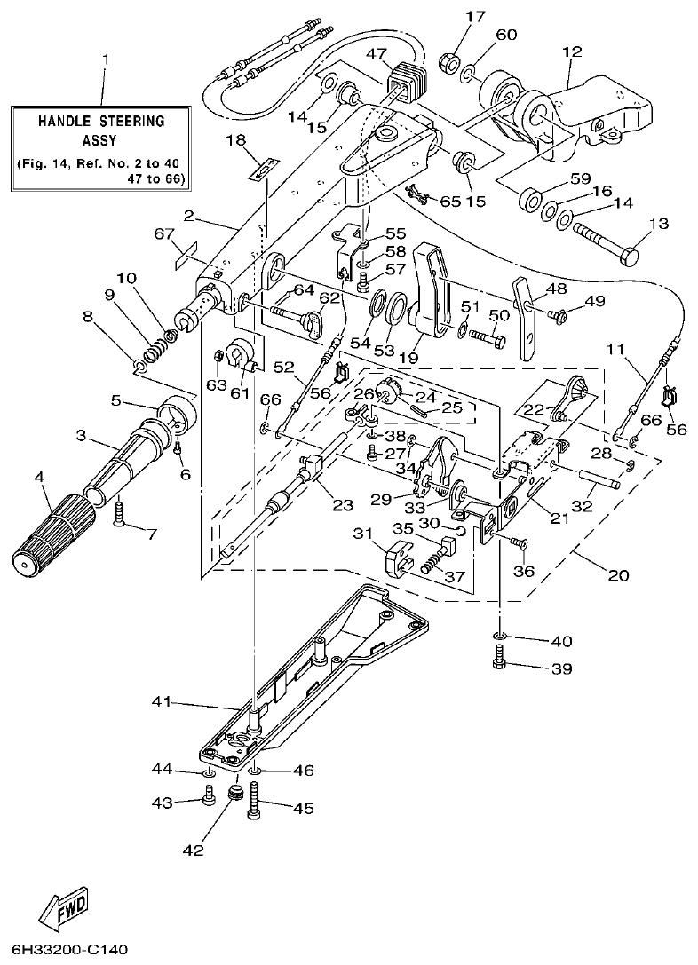 Yamaha 60FET, 60FED, 60FEHTO, 70BETO STEERING parts diagram