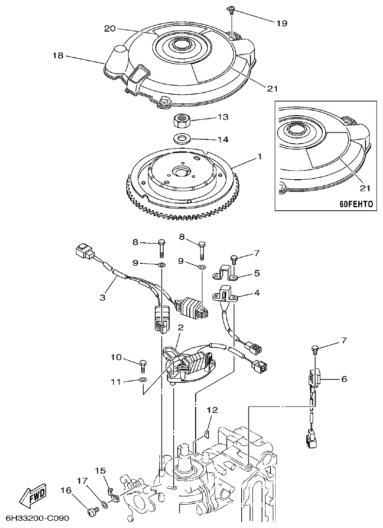 Yamaha 60FET, 60FED, 60FEHTO, 70BETO GENERATOR parts diagram