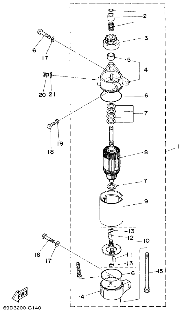 Yamaha 60FETO, 60FEDO, 70BETO STARTING MOTOR parts diagram