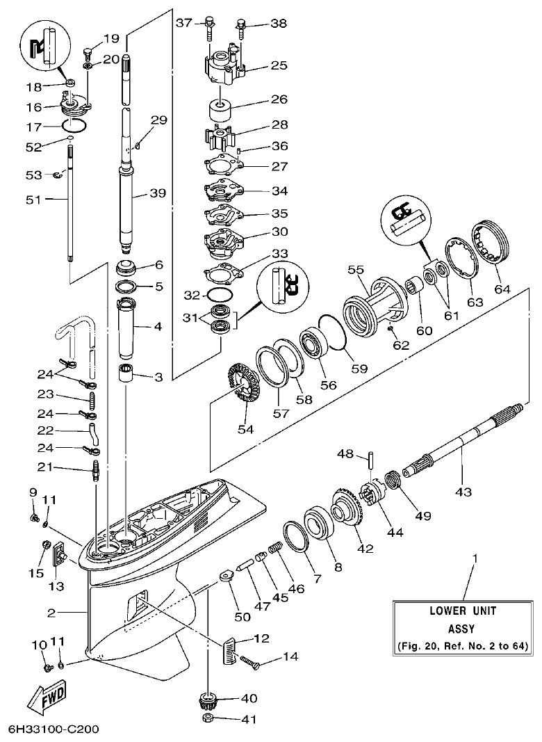 Yamaha 60FET, 60FETO, 70BETO LOWER CASING & DRIVE 1 parts diagram