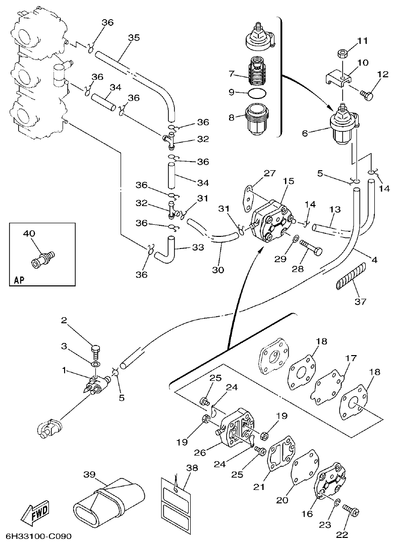 Yamaha 60FET, 60FETO, 70BETO FUEL 1 parts diagram