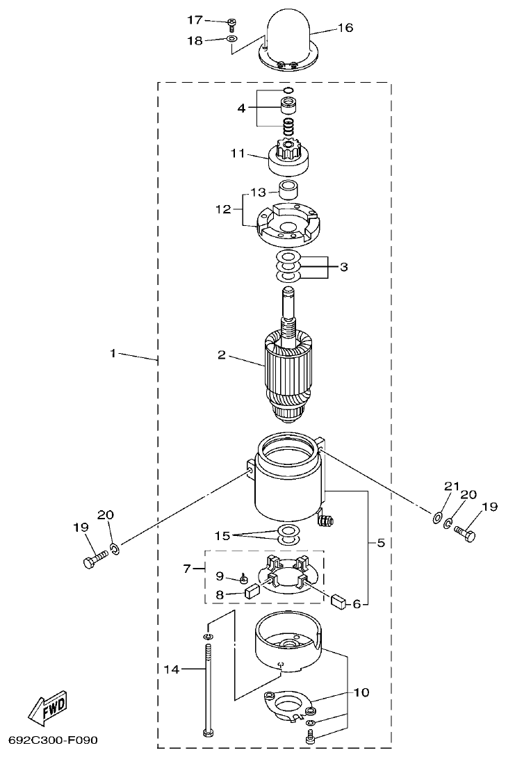 Yamaha 75A, 85A STARTING MOTOR parts diagram