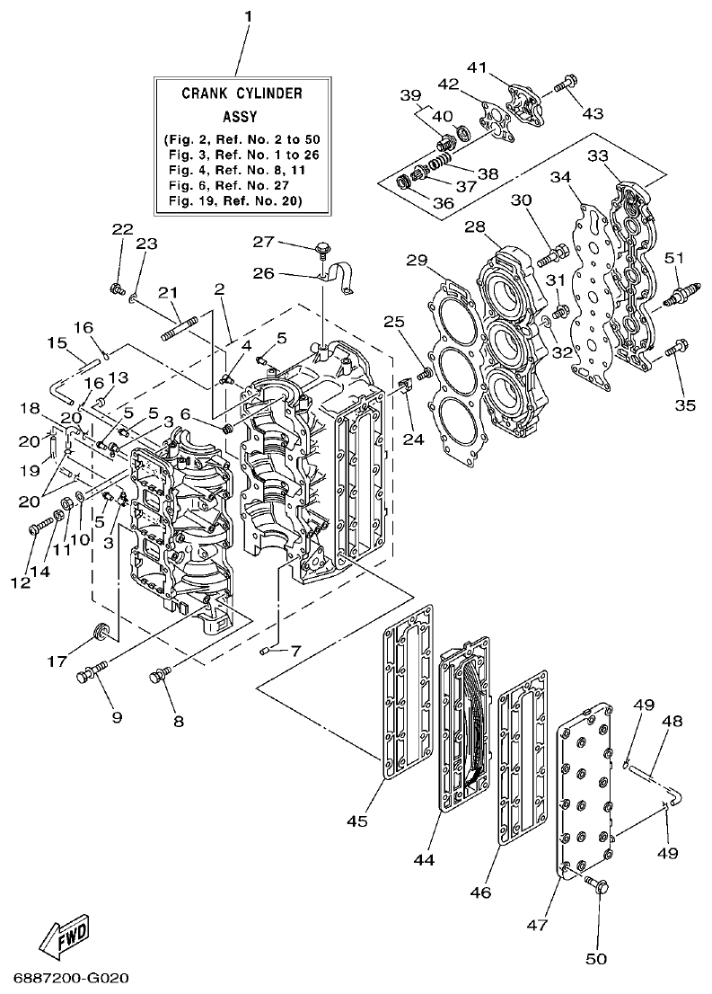 Yamaha 75A, 85A CYLINDER & CRANKCASE parts diagram