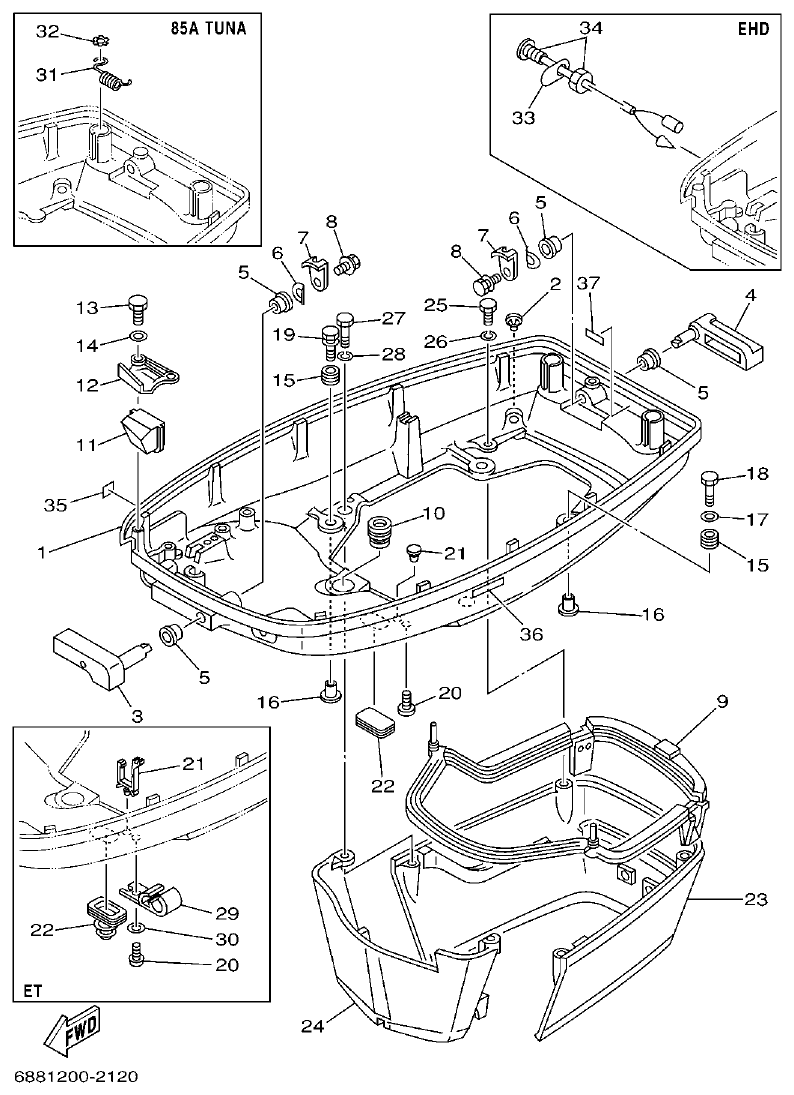 Yamaha 75A, 85A BOTTOM COWLING parts diagram