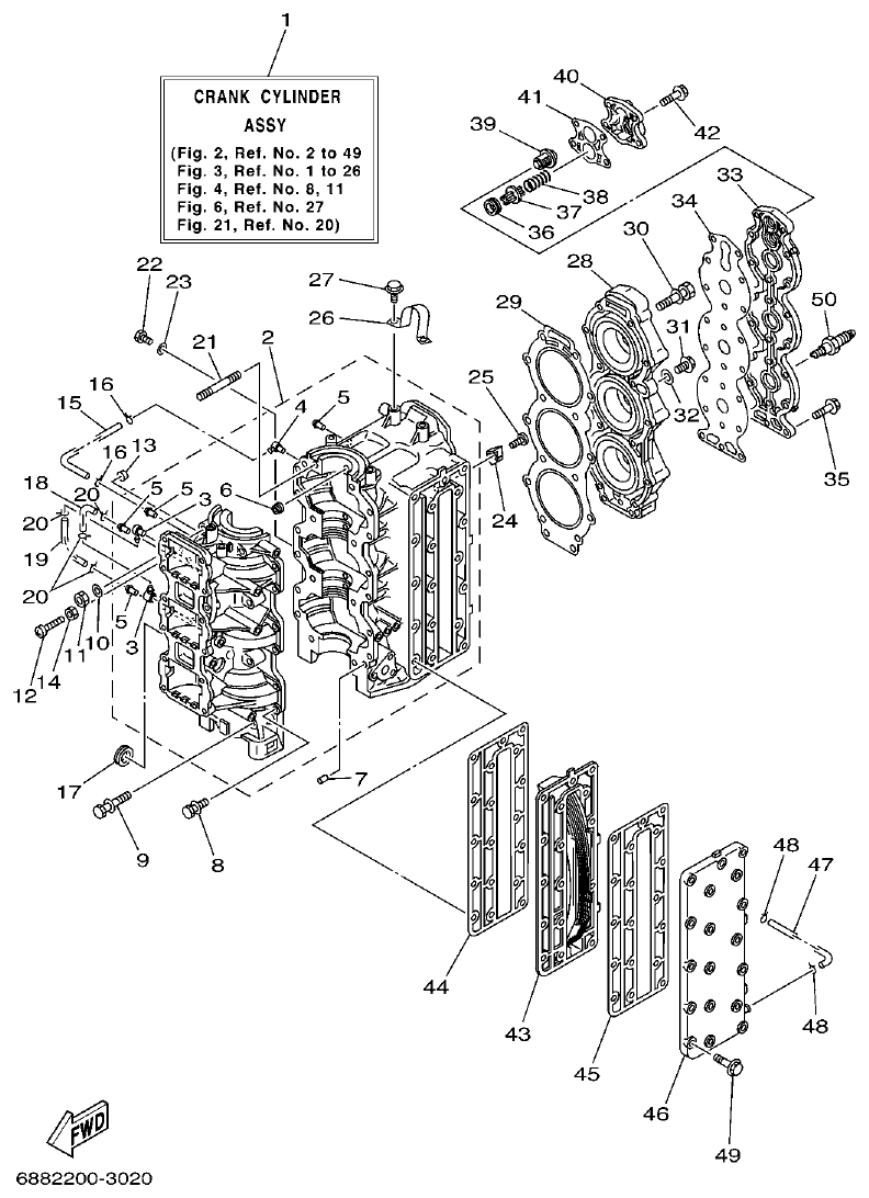 Yamaha 75A, 85A CYLINDER & CRANKCASE parts diagram