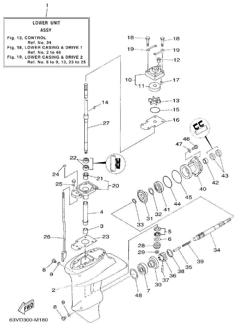Yamaha 9FMH, 9GMH, 15FMH LOWER CASING & DRIVE 1 parts diagram