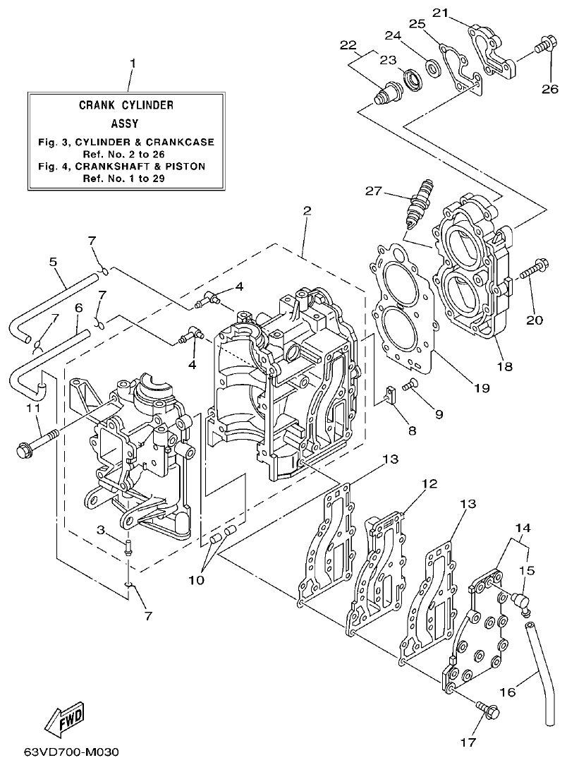 Yamaha 9FMH, 9GMH, 15FMH CYLINDER & CRANKCASE parts diagram