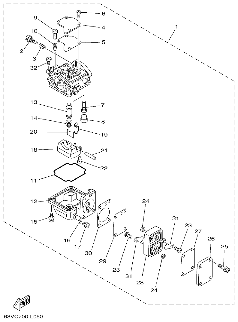 Yamaha 9FMH, 9GMH, 15FMH CARBURETOR parts diagram