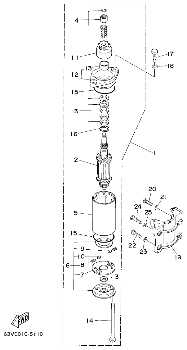 Yamaha 9F, 5A, 15F STARTING MOTOR parts diagram