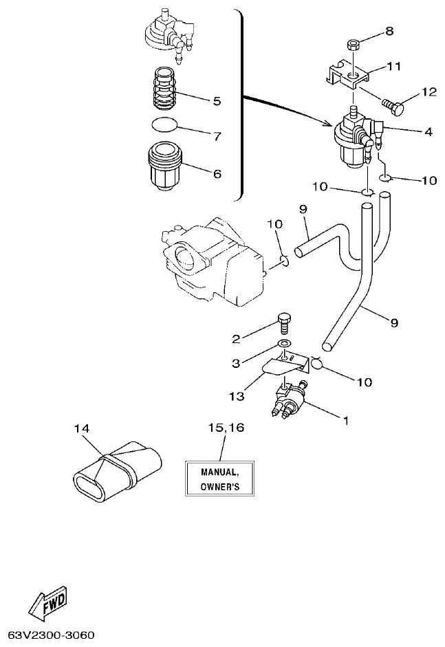 Yamaha 9F, 5A, 15F FUEL parts diagram