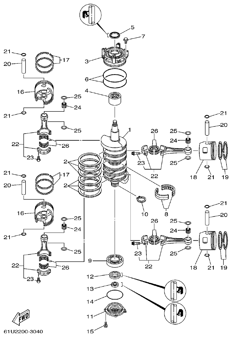 Yamaha E115A CRANKSHAFT. PISTON parts diagram