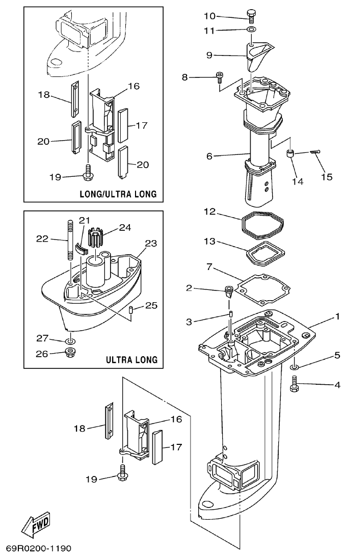 Yamaha E25B, E30H UPPER CASING parts diagram