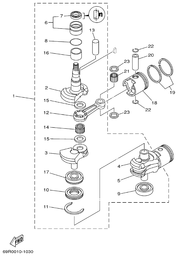 Yamaha E25B, E30H CRANKSHAFT. PISTON parts diagram