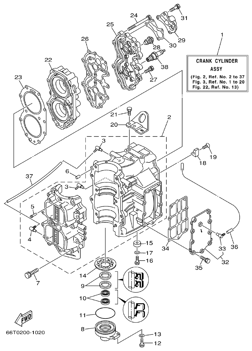 Yamaha 40XMH CYLINDER. CRANKCASE parts diagram