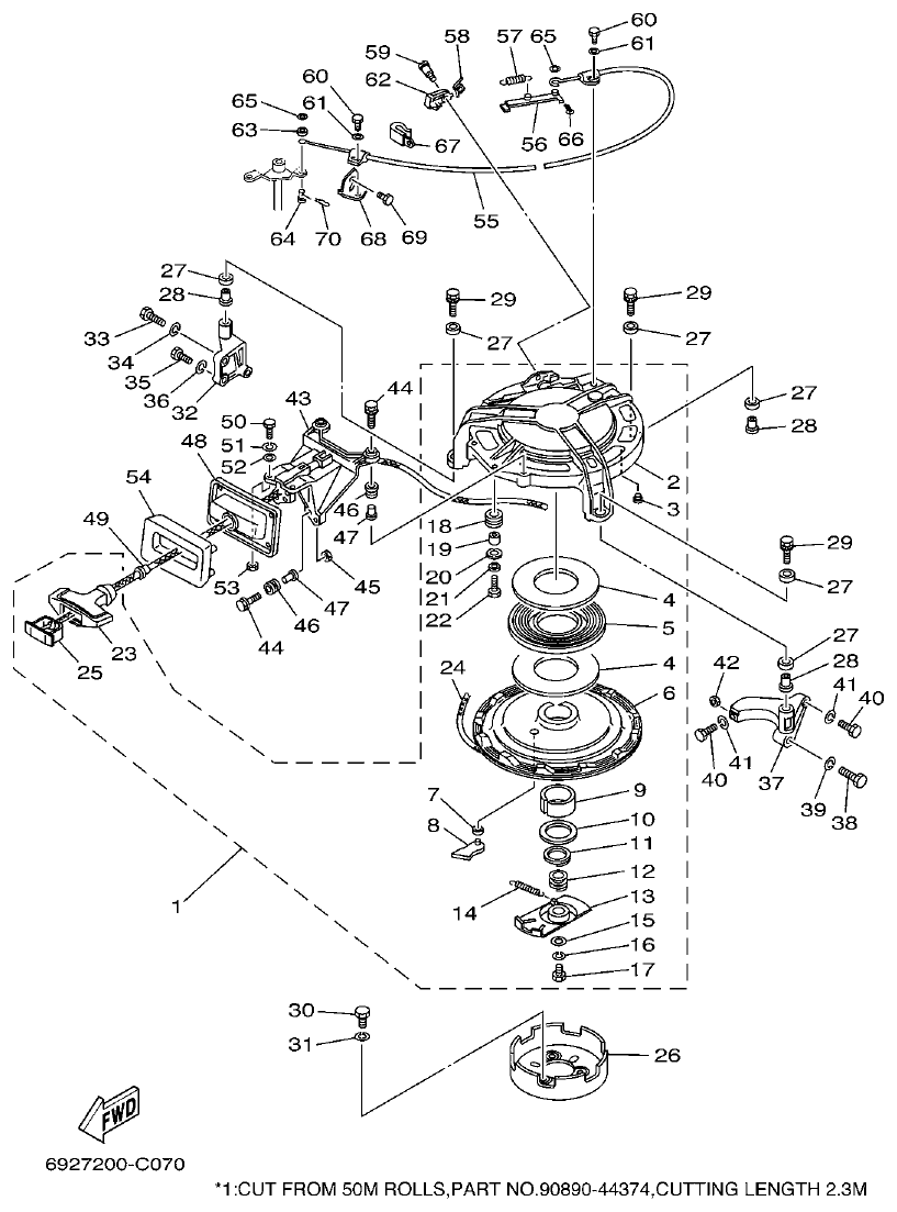 Yamaha E60J, E65A, E75B, E60JMHD, E65AMHD, E75BMHD STARTER parts diagram