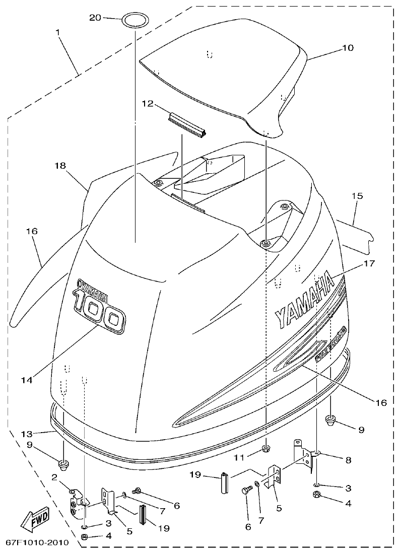Yamaha F80A, F100A, F80AET, F100AET TOP COWLING parts diagram