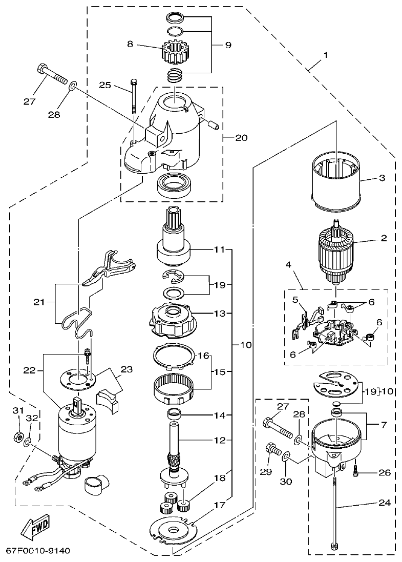 Yamaha F80A, F100A, F80AET, F100AET STARTING MOTOR parts diagram