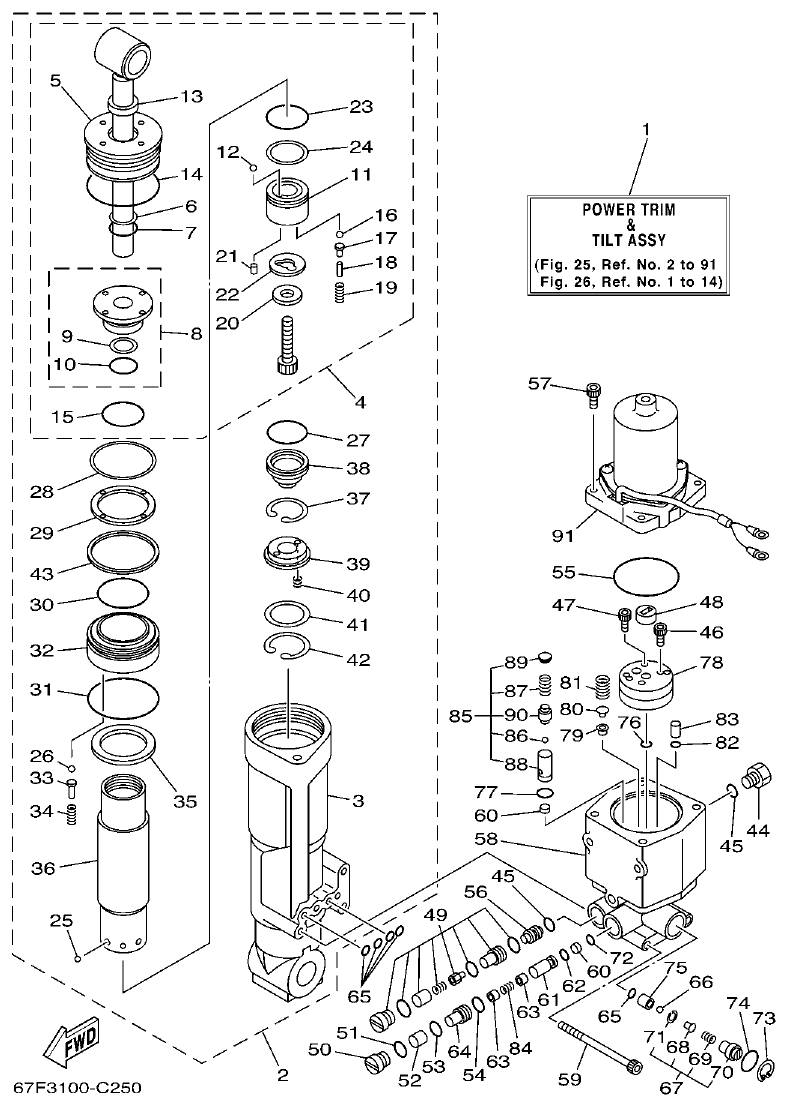 Yamaha F80A, F100A, F80AET, F100AET POWER TRIM & TILT ASSY 1 parts diagram