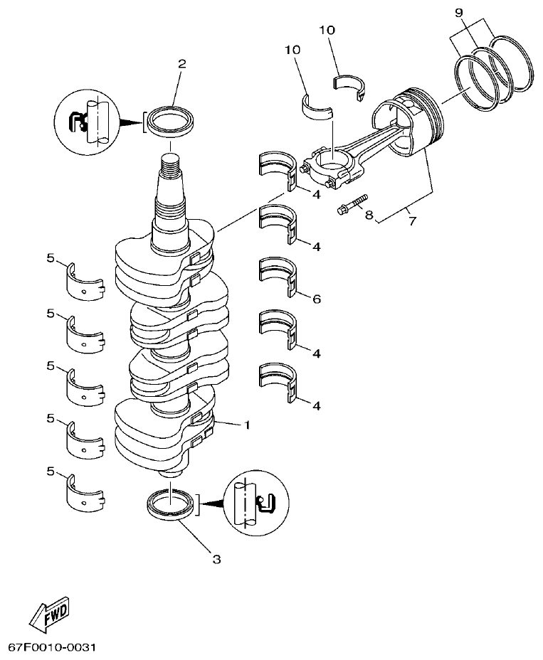 Yamaha F80A, F100A, F80AET, F100AET CRANKSHAFT & PISTON parts diagram