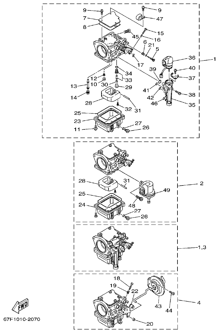 Yamaha F80A, F100A, F80AET, F100AET CARBURETOR 1 parts diagram