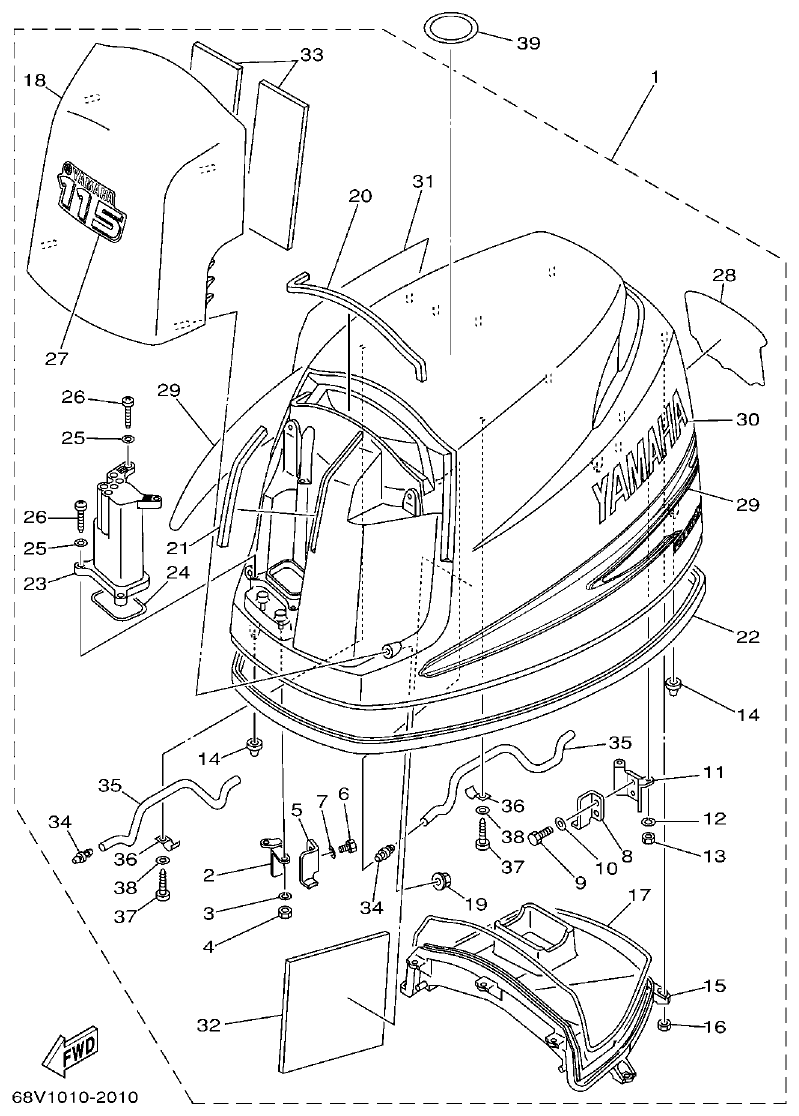 Yamaha F115AET, FL115AET, F115TRC, LF115TRC TOP COWLING parts diagram