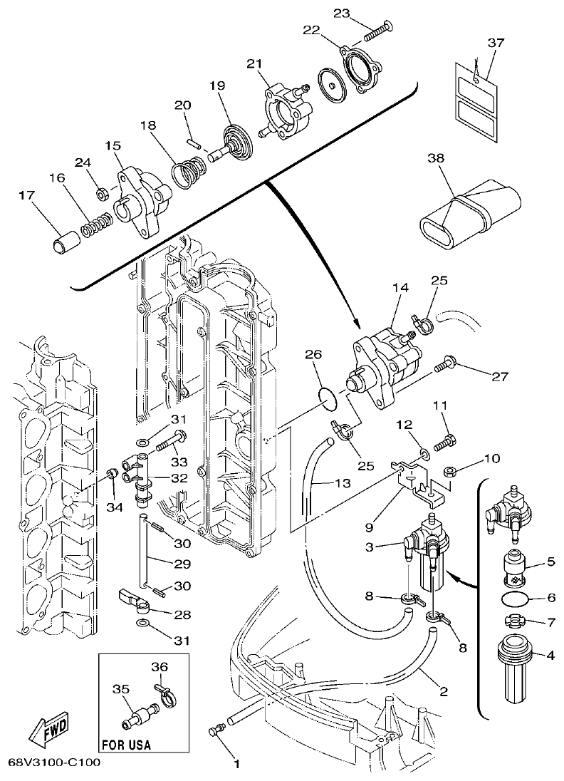 Yamaha F115AET, FL115AET, F115TRC, LF115TRC FUEL 1 parts diagram