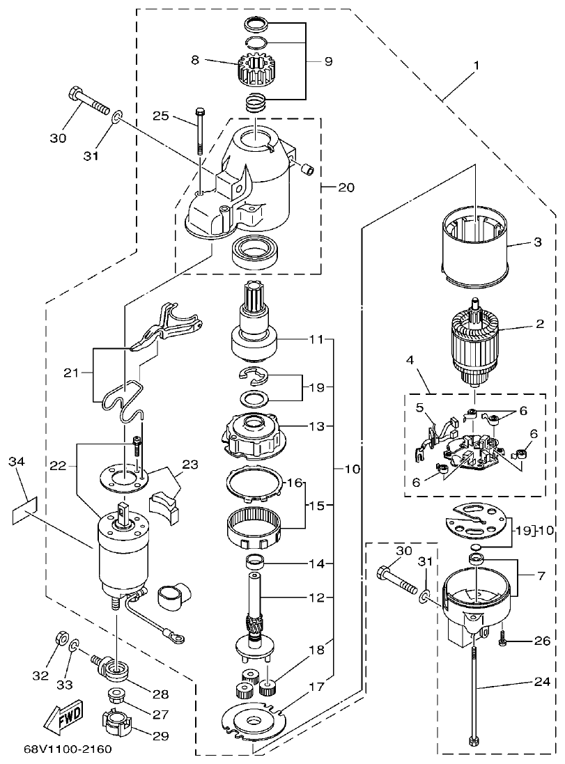 Yamaha F115AET, FL115AET, F115TRC, LF115TRC STARTING MOTOR parts diagram
