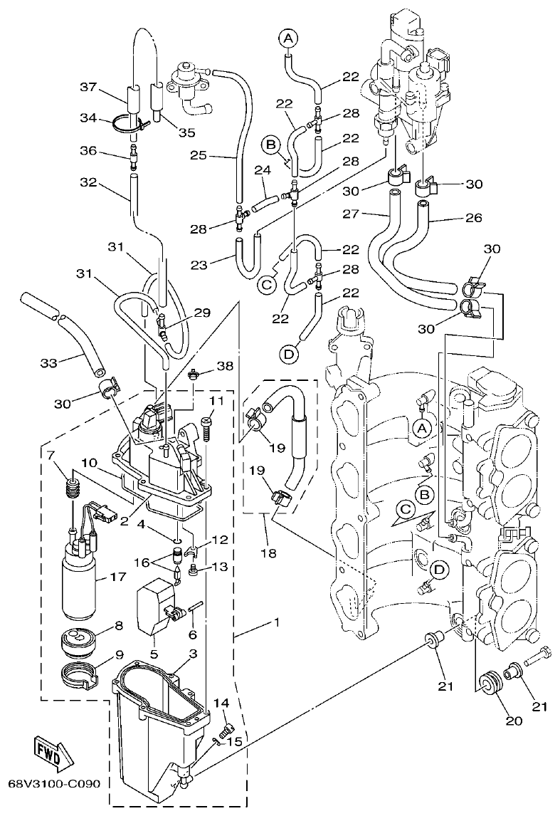 Yamaha F115AET, FL115AET, F115TRC, LF115TRC FUEL INJECTION PUMP parts diagram