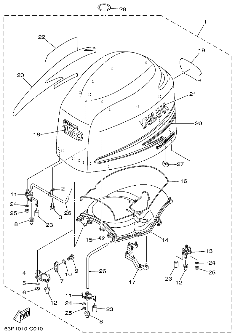 Yamaha F150AET, FL150AET, F150TRC, LF150TRC TOP COWLING parts diagram