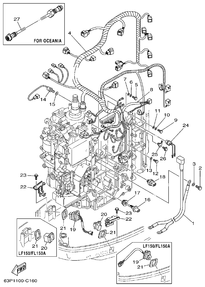 Yamaha F150AET, FL150AET, F150TRC, LF150TRC ELECTRICAL 3 parts diagram