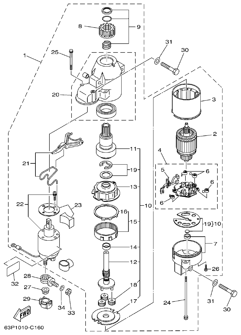 Yamaha F150AET, FL150AET, F150TRC, LF150TRC STARTING MOTOR parts diagram