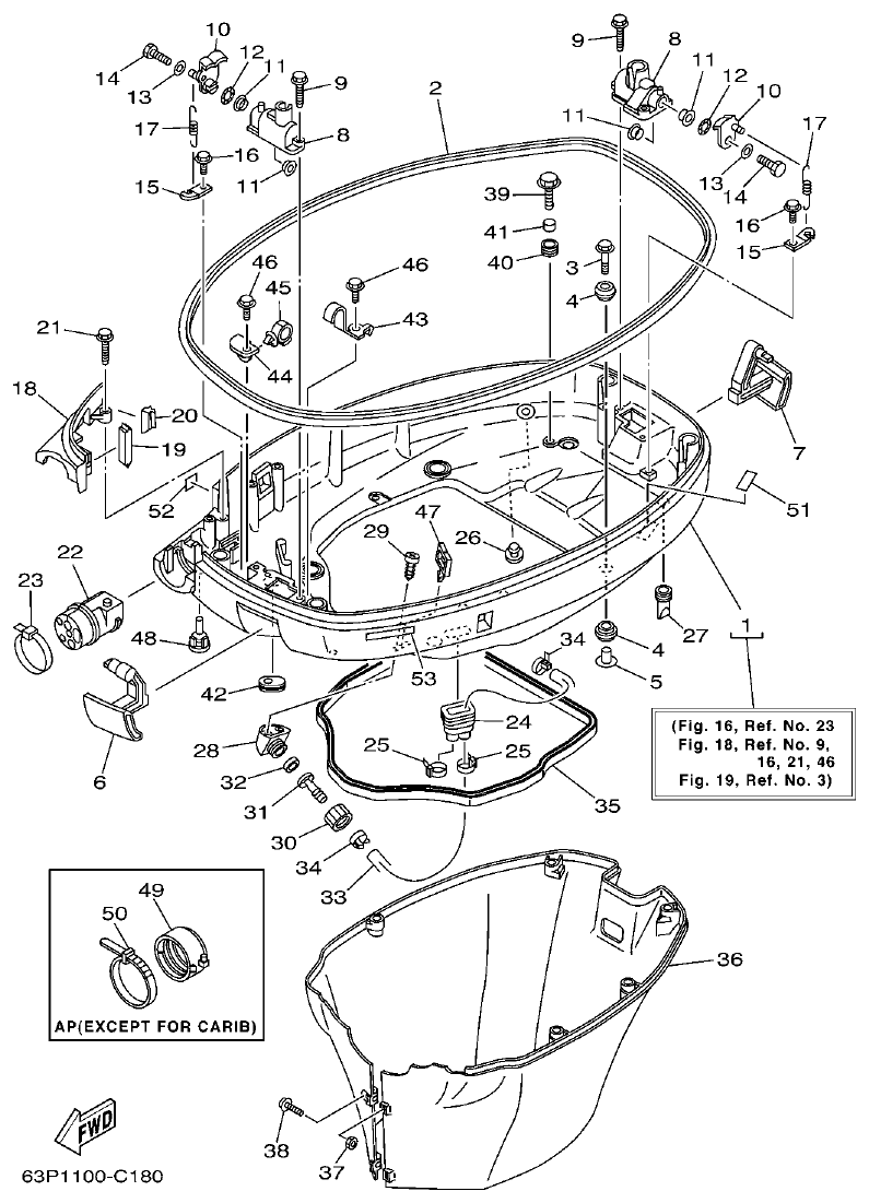 Yamaha F150AET, FL150AET, F150TRC, LF150TRC BOTTOM COWLING parts diagram