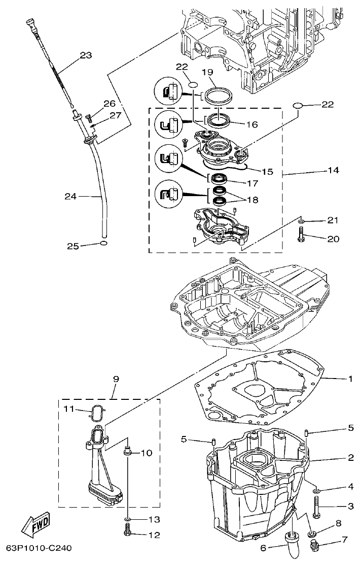Yamaha F150AET, FL150AET, F150TRC, LF150TRC OIL PAN parts diagram