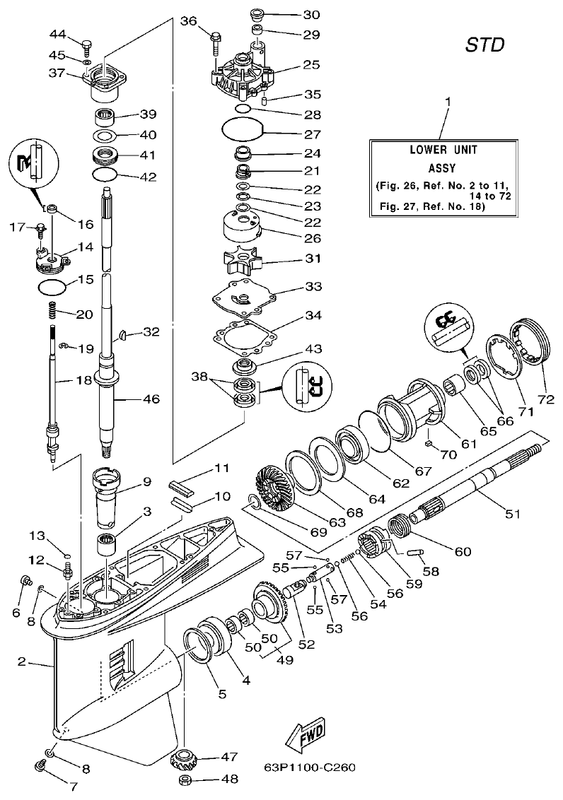 Yamaha F150AET, FL150AET, F150TRC, LF150TRC LOWER CASING & DRIVE 1 parts diagram
