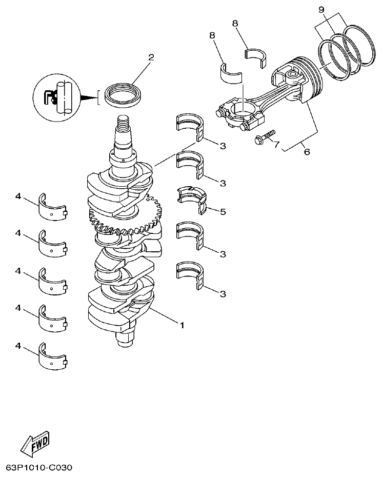 Yamaha F150AET, FL150AET, F150TRC, LF150TRC CRANKSHAFT & PISTON parts diagram