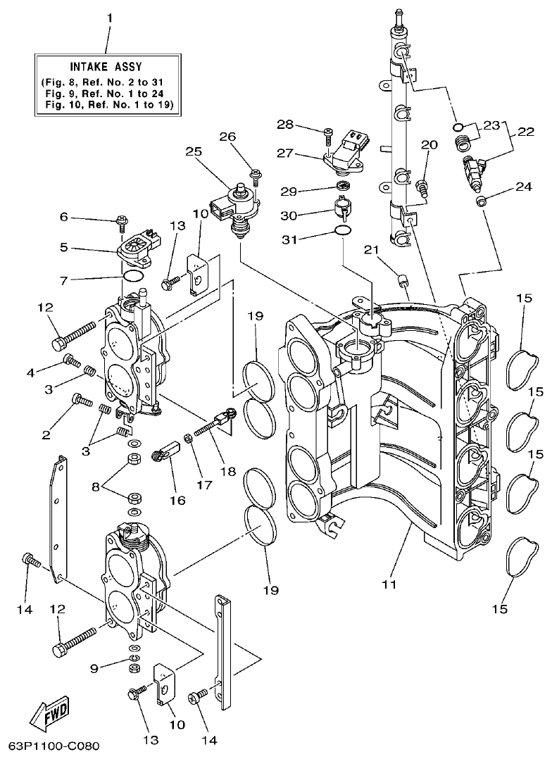 Yamaha F150AET, FL150AET, F150TRC, LF150TRC INTAKE 2 parts diagram