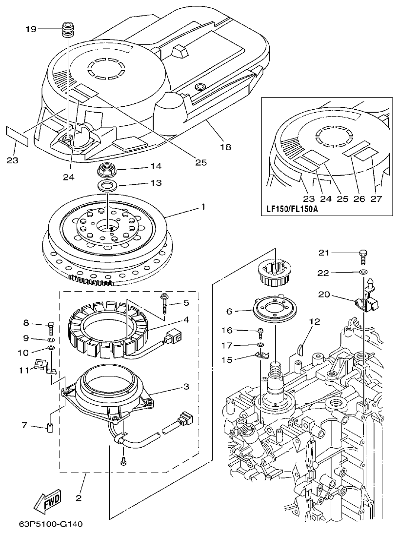 Yamaha F150AET, FL150AET, F150TR, LF150TR GENERATOR parts diagram