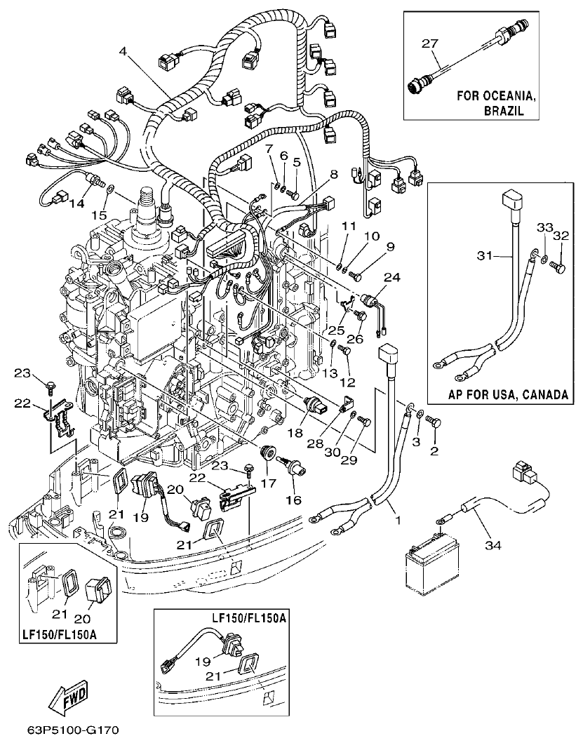 Yamaha F150AET, FL150AET, F150TR, LF150TR ELECTRICAL 3 parts diagram