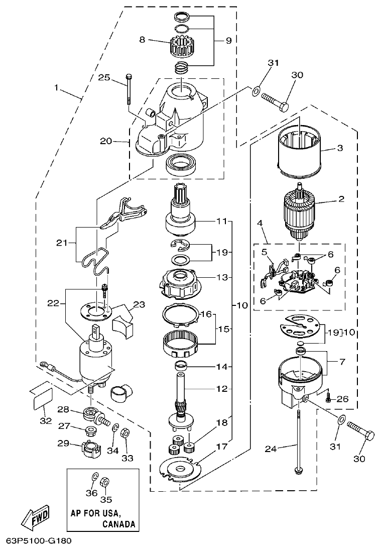 Yamaha F150AET, FL150AET, F150TR, LF150TR STARTING MOTOR parts diagram
