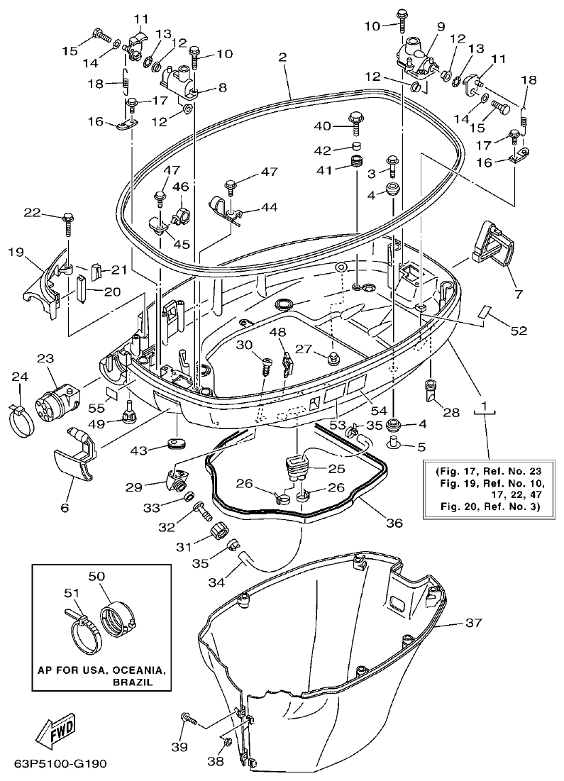 Yamaha F150AET, FL150AET, F150TR, LF150TR BOTTOM COWLING parts diagram