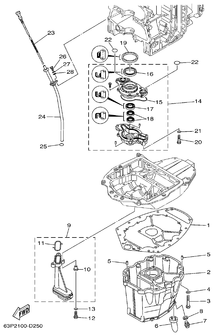Yamaha F150AET, FL150AET, F150TR, LF150TR OIL PAN parts diagram